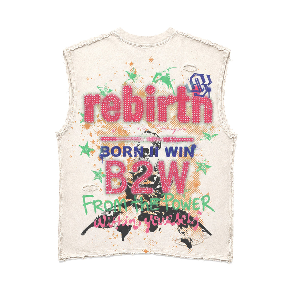 'REBIRTH' CRM DISTRESSED SLEEVELESS TEE