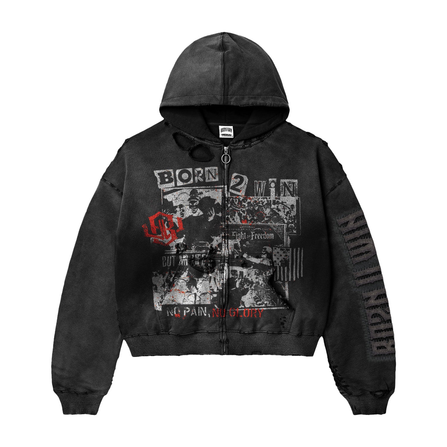 BLK 'NO PAIN, NO GLORY' DISTRESSED ZIP UP HOODIE