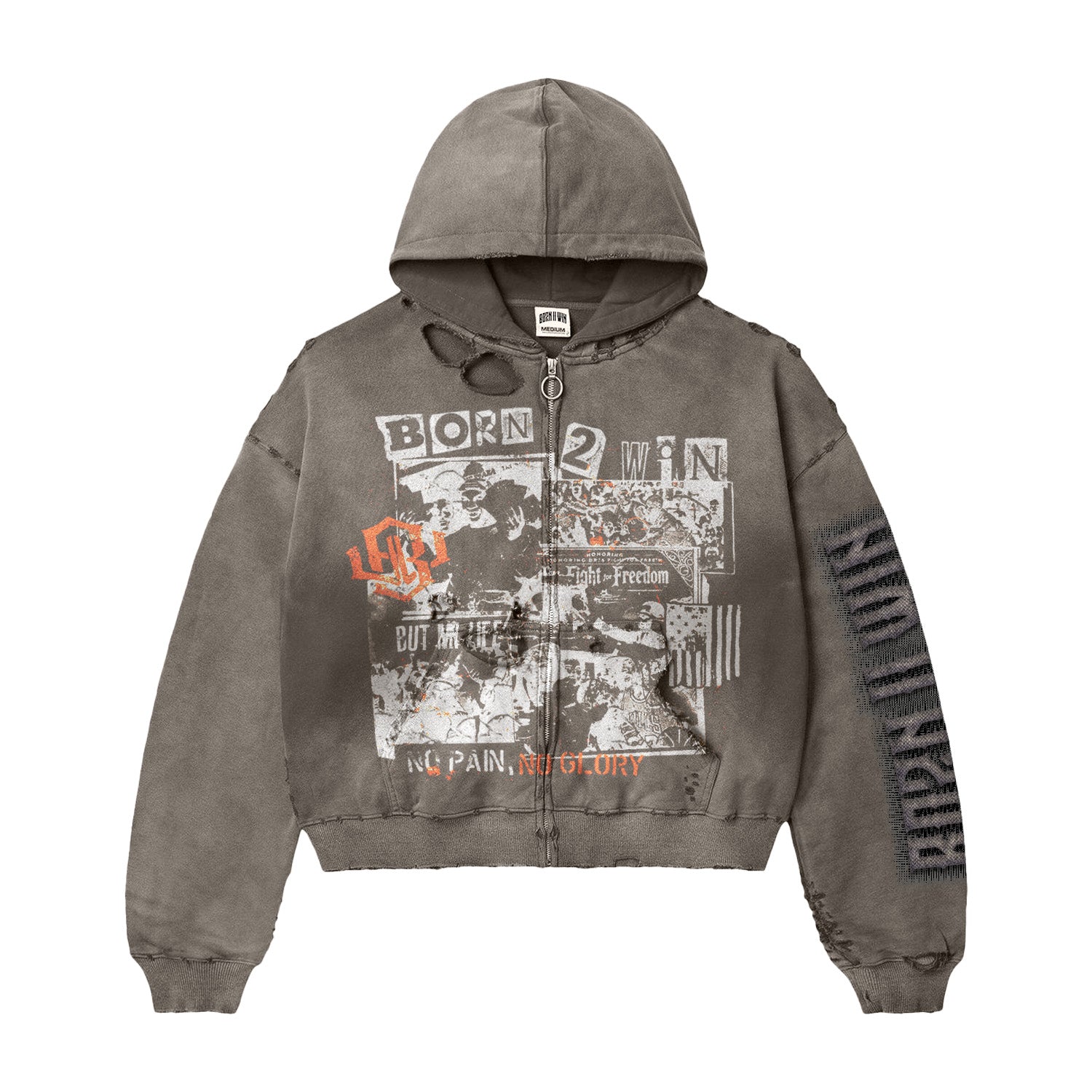 GREY 'NO PAIN, NO GLORY' DISTRESSED ZIP UP HOODIE