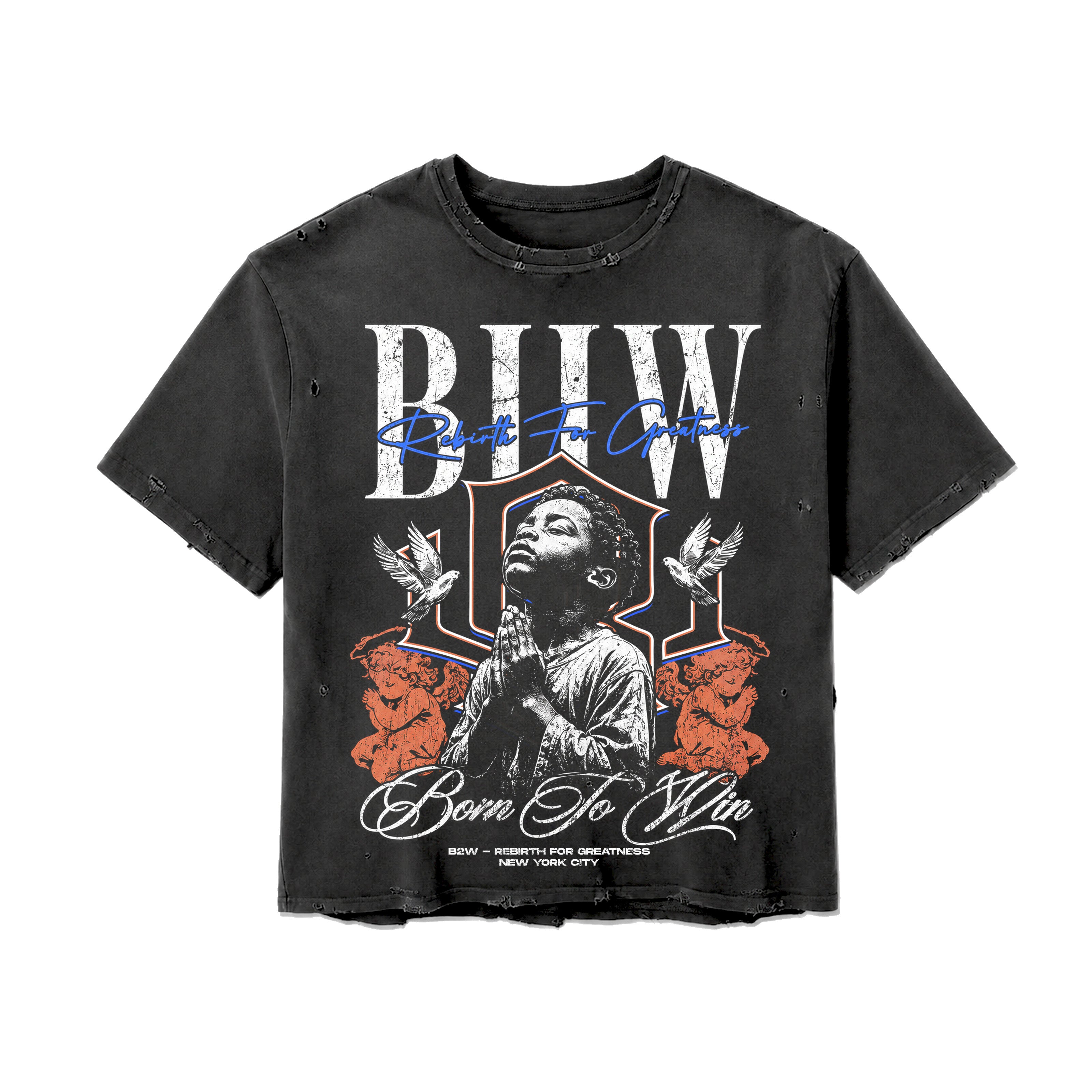 'REBIRTH GREATNESS' VNTG DISTRESSED S/S TEE BLUxORNG
