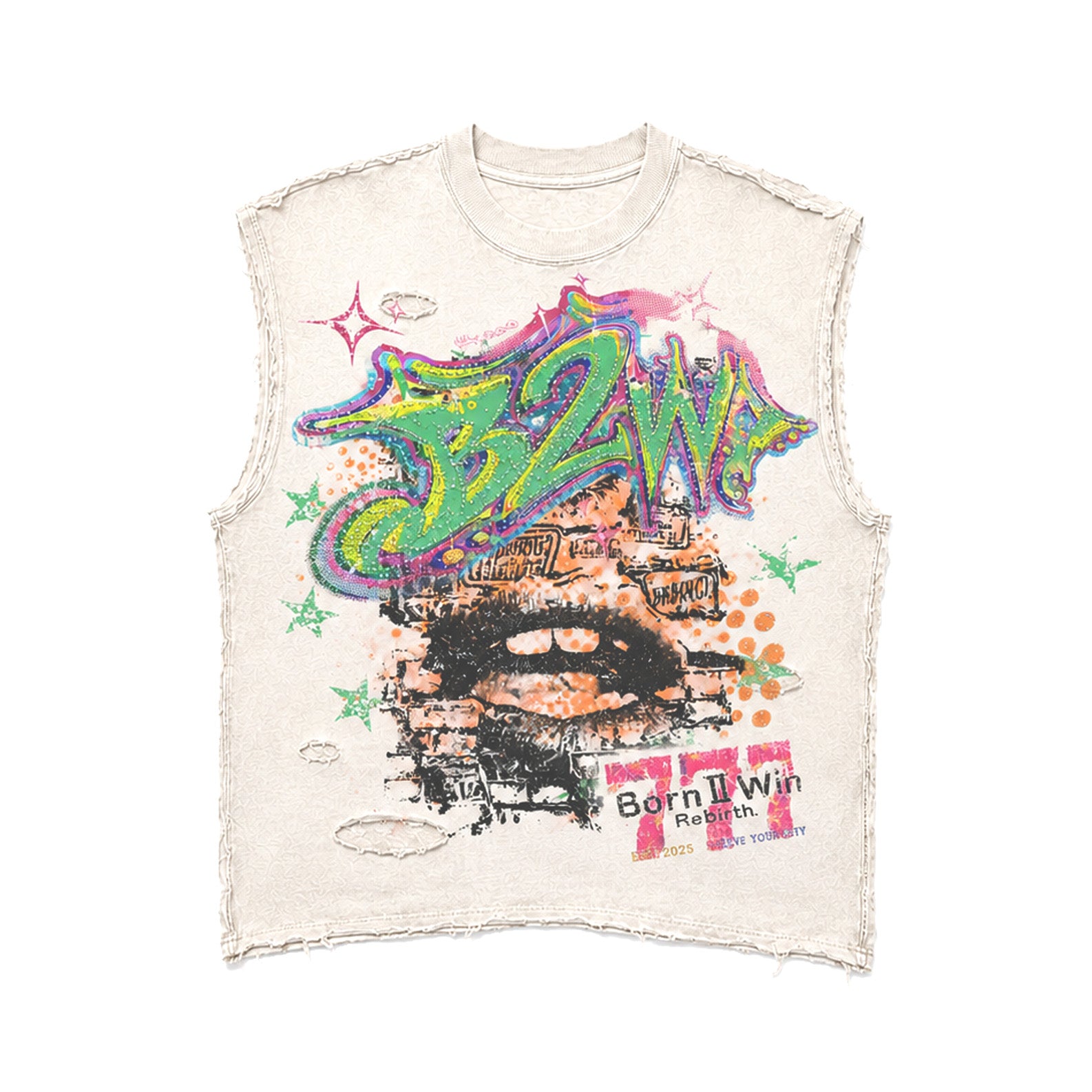 'REBIRTH' CRM DISTRESSED SLEEVELESS TEE