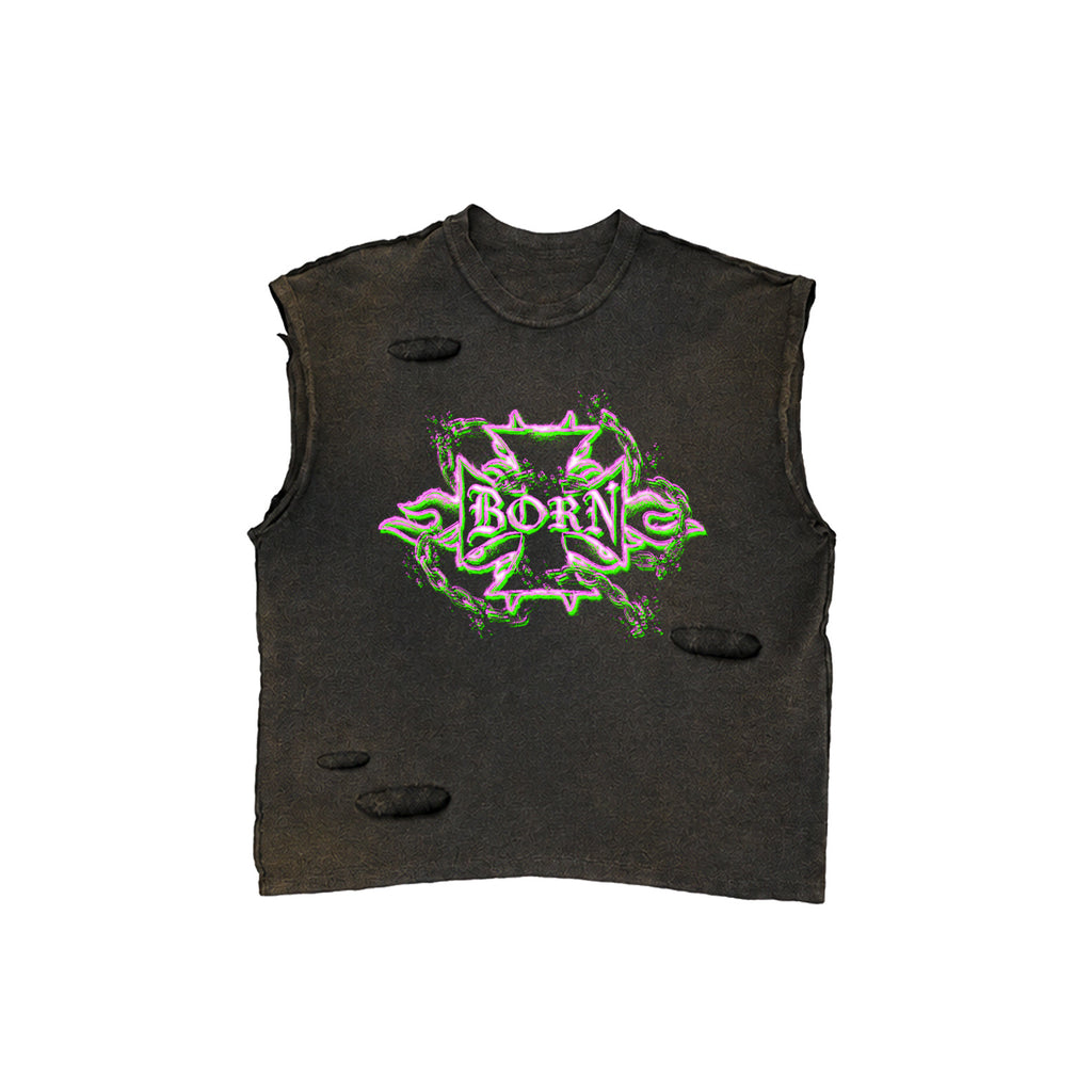 'B2W 4EVER' NEON SUMMER DISTRESSED SLEEVELESS TEE
